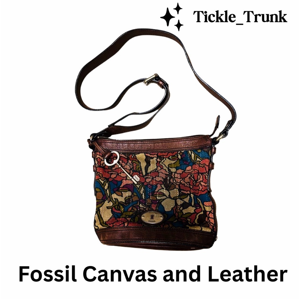 Fossil Brown Multi-Color Canvas and Leather Crossbody Bag